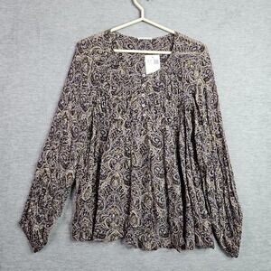 Promod Women Paisley Blouse Long Sleeve Boho Peasant Top Brown Yellow Sz 10 NEW